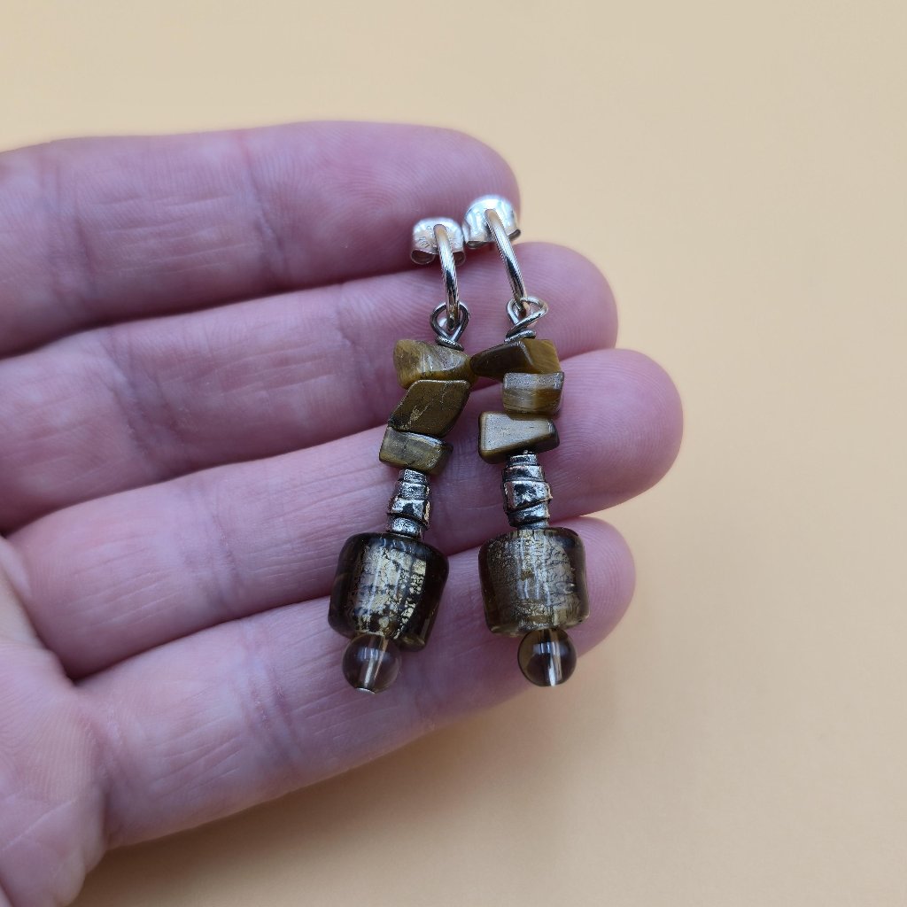 Sterling Silver Tiger's Eye Stone And Glass Dangle Earrings A4722
